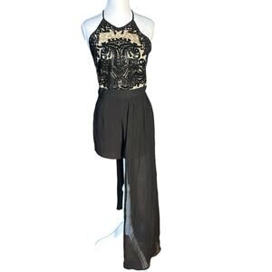 Black Small Sequin Lace Bodice Backless Halter Shorts Jumpsuit Long Shear Skirt